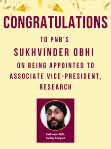 Poster of PNB'S Sukhvinder Obhi On being appointed to Associate Vice-President, Research